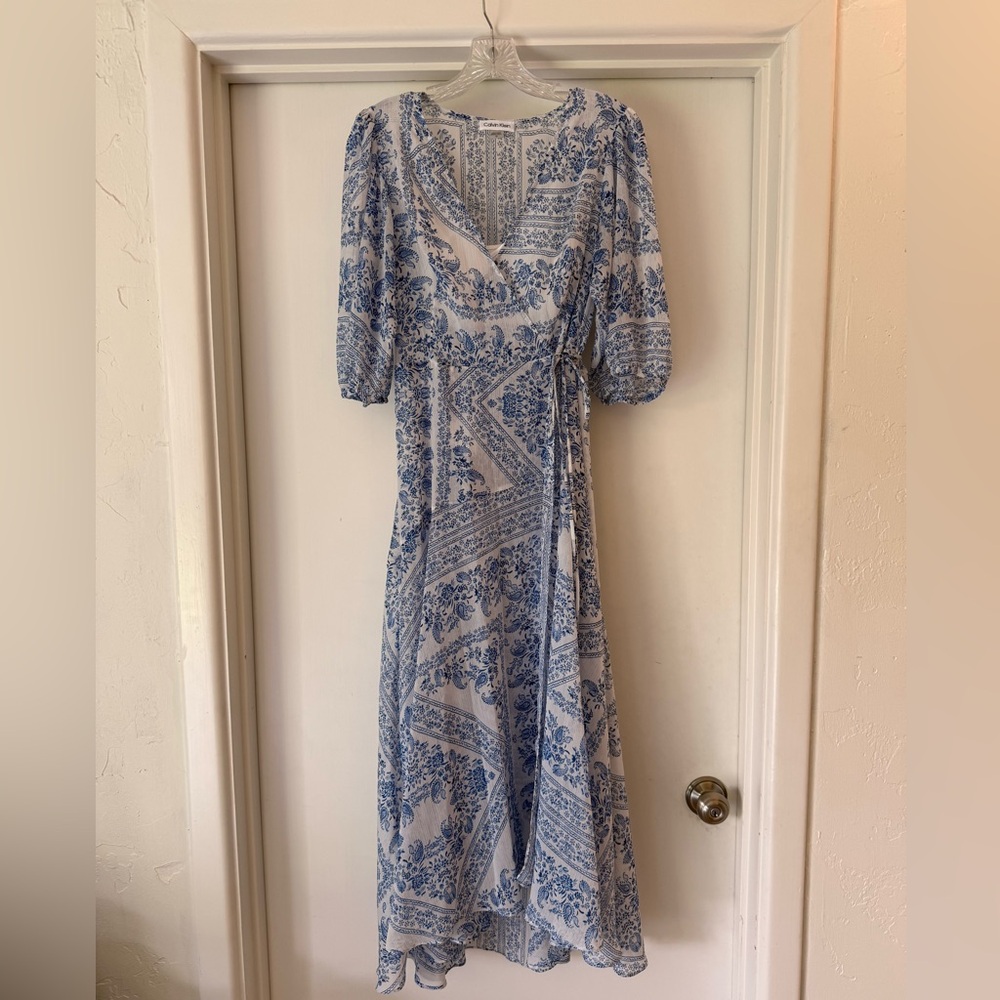 Calvin Klein blue and white wrap dress size 10